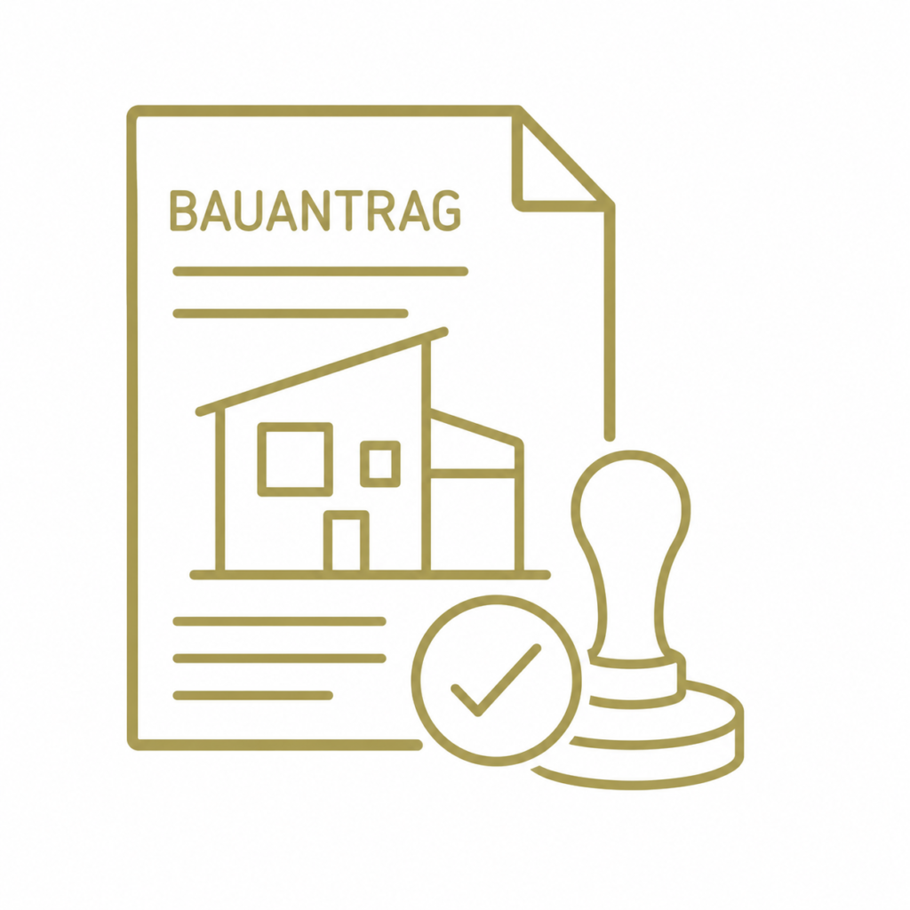 Strichzeichnung eines Bauantrag-Formulars mit Hausansicht, Häkchen und Stempel