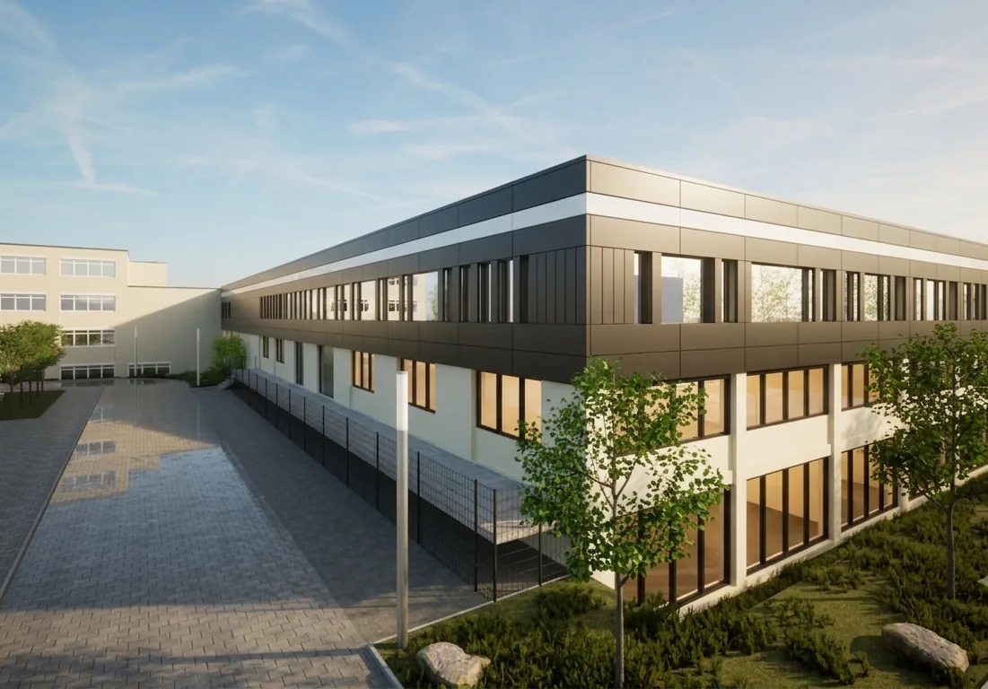 Zweigeschossiges Bürogebäude mit dunkler Attika und Vorfahrt