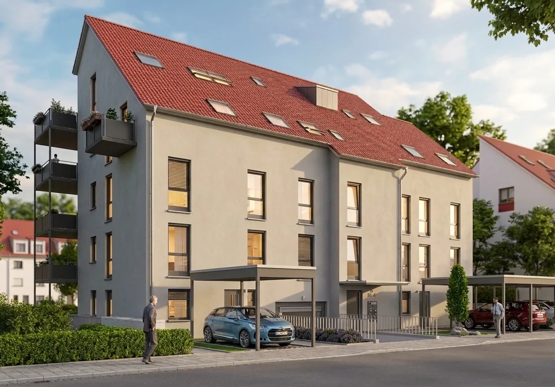 Mehrfamilienhaus mit rotem Satteldach, Balkonen und Carports